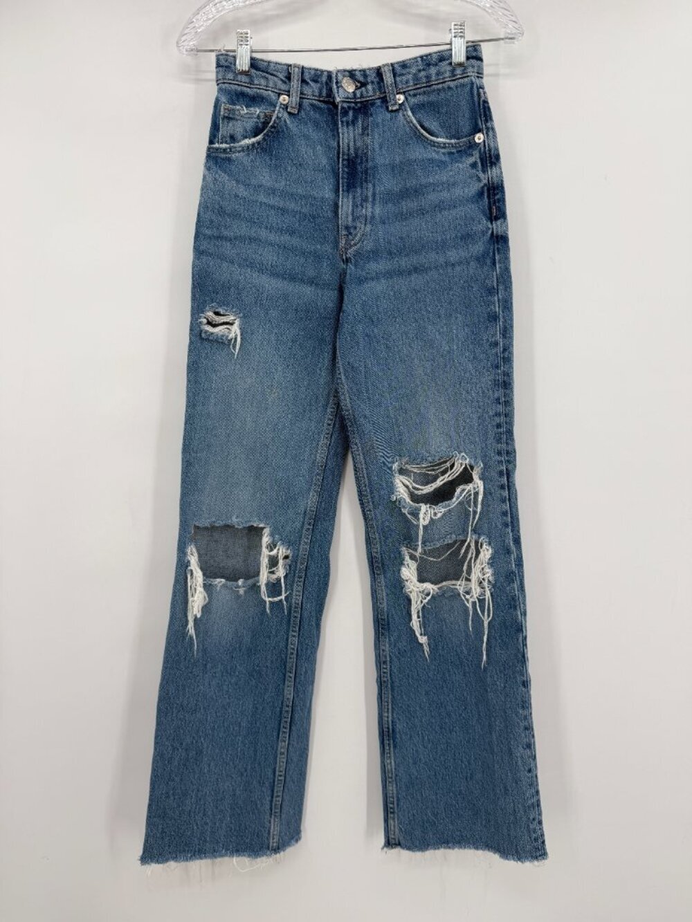Zara High Rise Distressed Straight Leg Jeans Raw Hem 100% Cotton Size 2